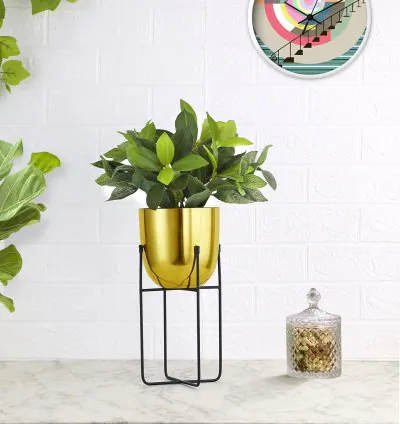 Cachepot Planter Pot with Stand - Gold & Black | Aesthetic and Modern Style Plant Pot for Office, Home, Living Room & Drawing Room | Durable & Sturdy Iron Metal Construction