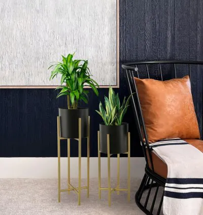 Shine Bliss Planter Plant Stand - Black and Gold | Flower Plant Stand For Home and Office Décor | Includes Pot and Stand - Pack Of 2 Small & Large Stand