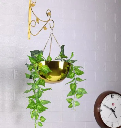 Wall Planter Cachepot for Plants - Gold Finish  Set Includes Wall Stand, Pot & Chain  Duranle Iron Made Hanging Plant Pot for Home