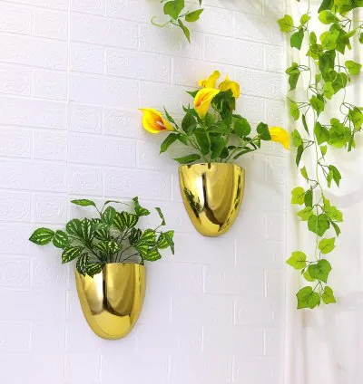 Bloom Hanging Planter Cachepots - Gold (Pack of 2)  Mini Plant and Flower Wall Mounting Pots for Home & Office Wall Decor  Durable