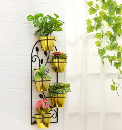 Mora Teesa Wall Planter Cachepot Set - Gold & Black  Set Includes 5 Pots and Wall Mount Attachment  Durable Iron Metal Made  Plant Pot for Home, Office & Room Wall Decor